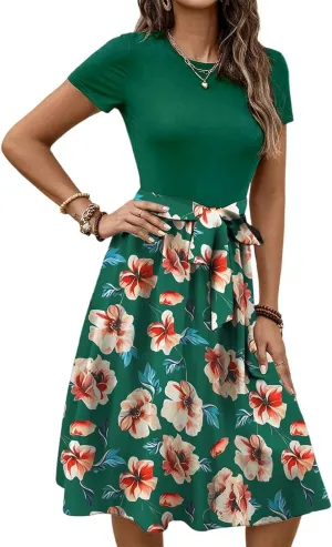 Women's Short Sleeve Dresses Empire Waist Floral Printing Crewneck Color Blocked Belt Casual Midi Length Dress