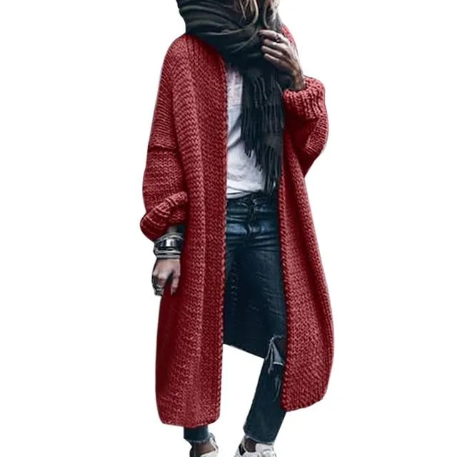 Women's solid chunky knitted cardigan oversized maxi cardigan sweater