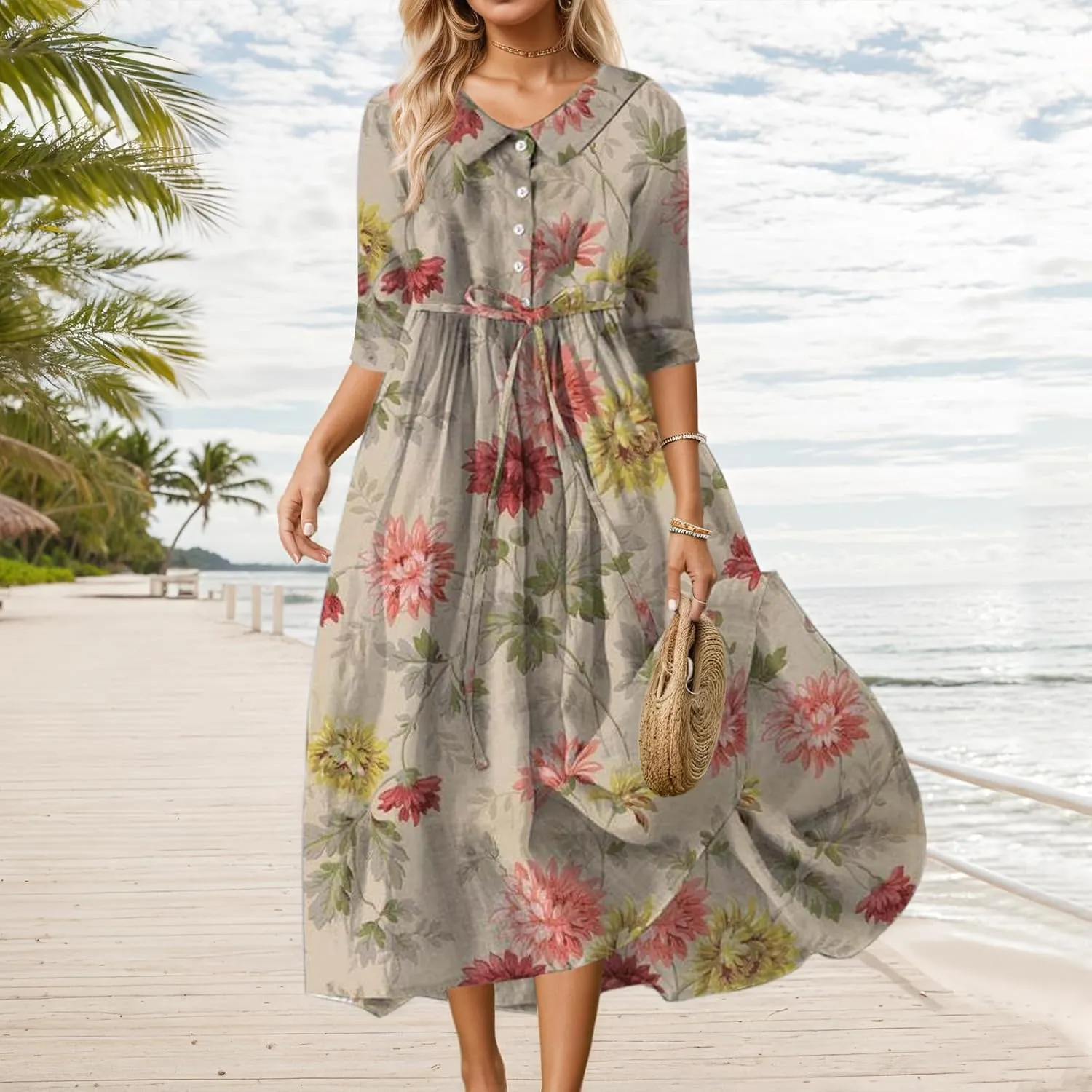 Womens Summer Colorful Belted Smocked Floral Short Sleeve Flowy Dress Casual Lightweight Button Lapel Maxi Dresses