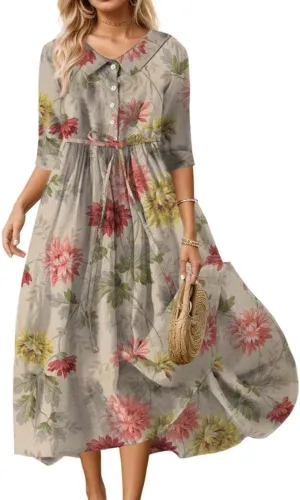 Womens Summer Colorful Belted Smocked Floral Short Sleeve Flowy Dress Casual Lightweight Button Lapel Maxi Dresses