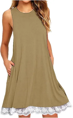 Womens Summer Tank Dresses Lace Hem Mini Dress Casual Sleeveless Sundress Beach Vacation Dresses with Pockets