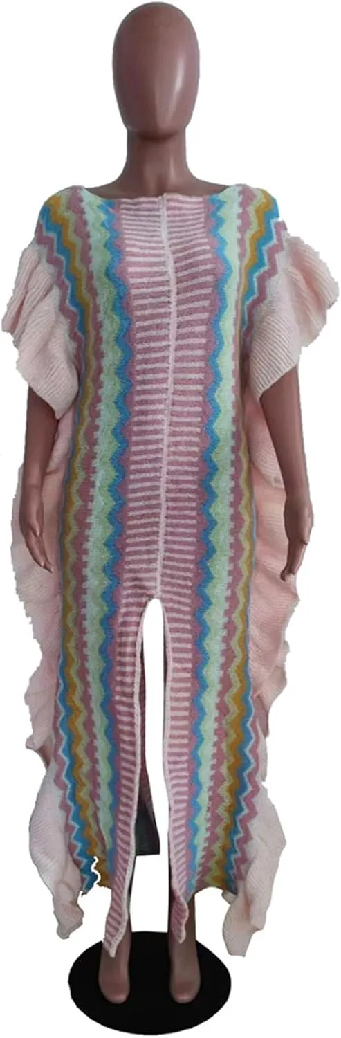 XZLUFNY Women's Striped Ruffle Knitted Sleeveless High Split Hem Loose Maxi Dress