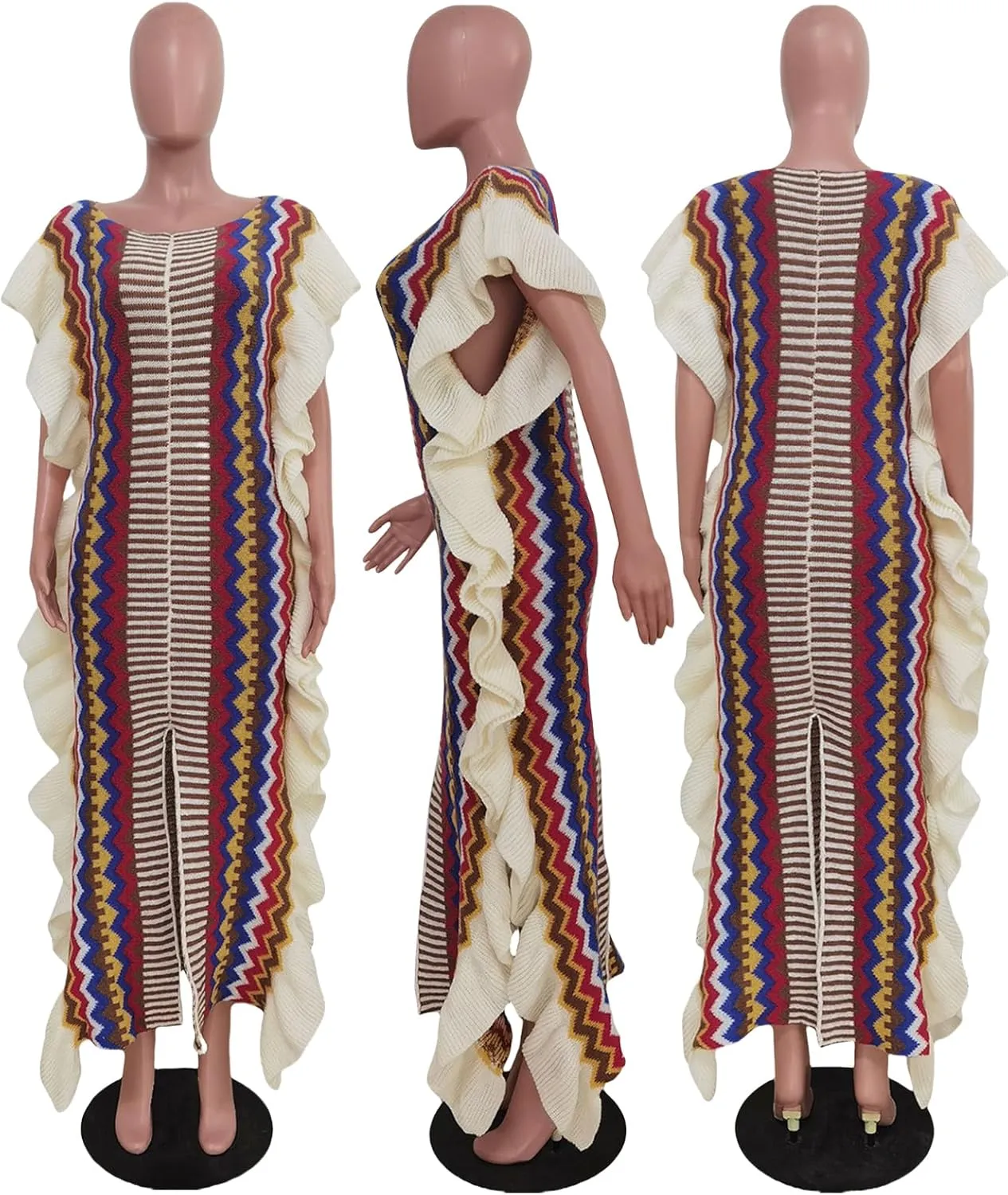 XZLUFNY Women's Striped Ruffle Knitted Sleeveless High Split Hem Loose Maxi Dress