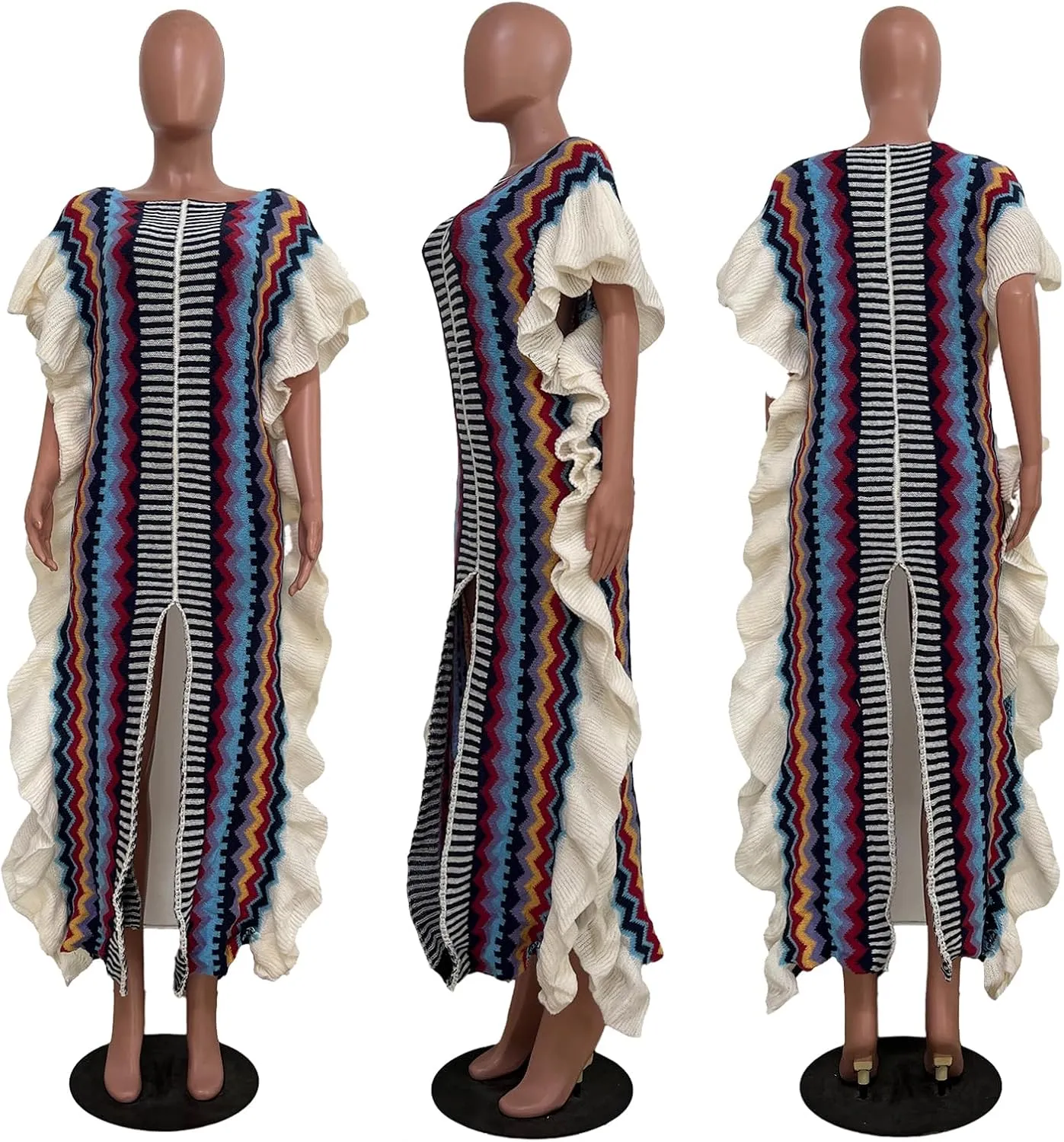 XZLUFNY Women's Striped Ruffle Knitted Sleeveless High Split Hem Loose Maxi Dress