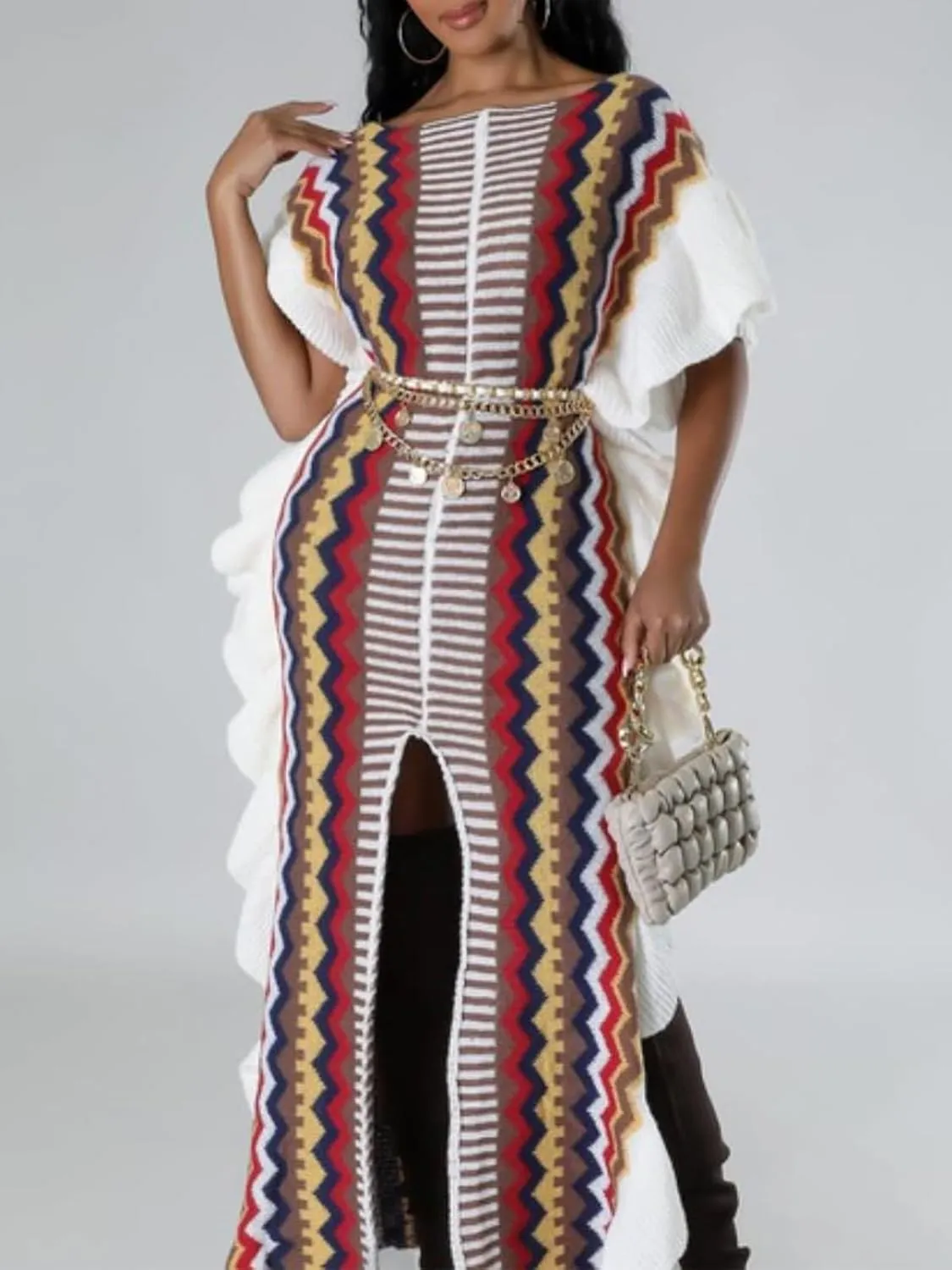 XZLUFNY Women's Striped Ruffle Knitted Sleeveless High Split Hem Loose Maxi Dress