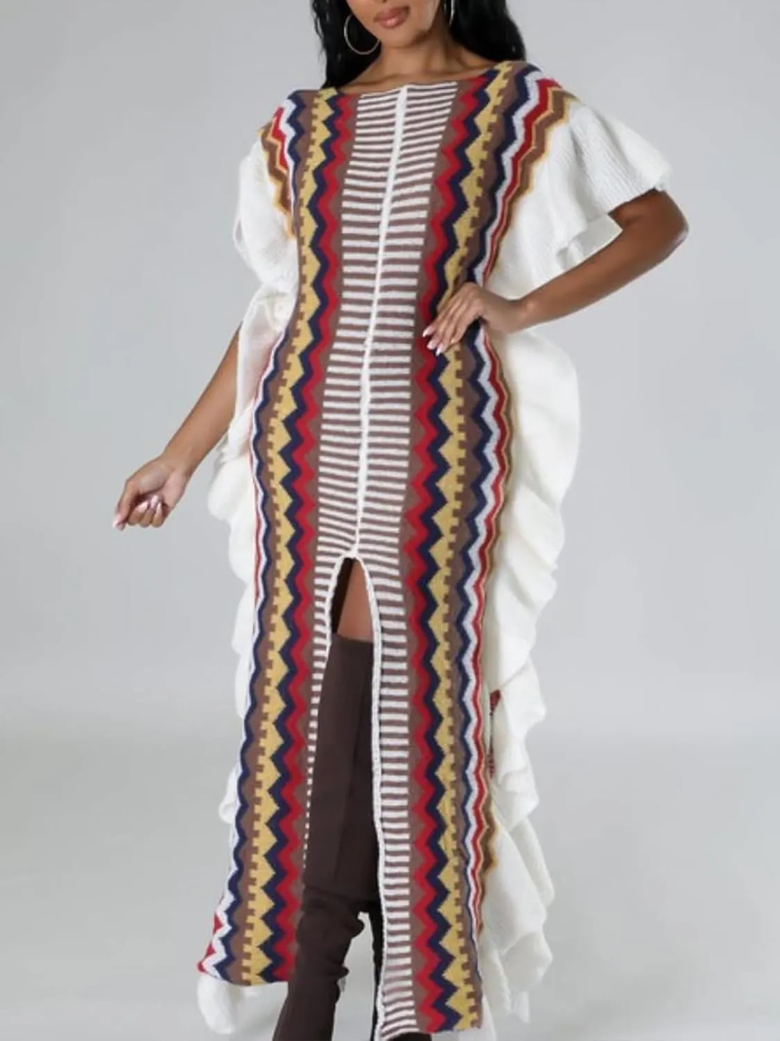 XZLUFNY Women's Striped Ruffle Knitted Sleeveless High Split Hem Loose Maxi Dress