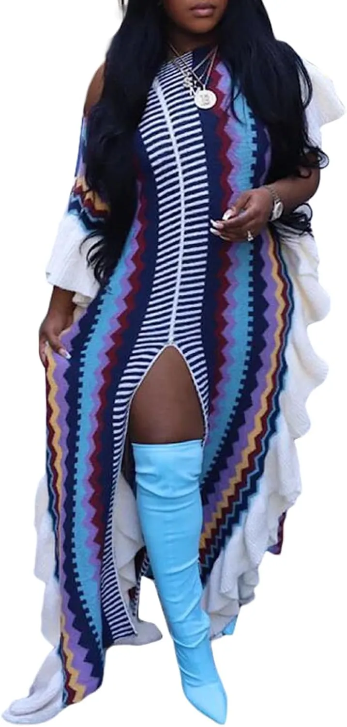 XZLUFNY Women's Striped Ruffle Knitted Sleeveless High Split Hem Loose Maxi Dress
