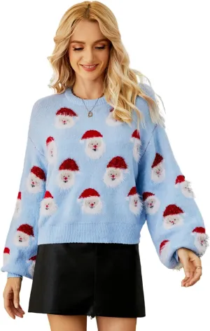 Yimoon Ugly Christmas Sweater for Women Xmas Holiday Party Funny Santa Sweater Cute Cropped Knitted Pullover Tops