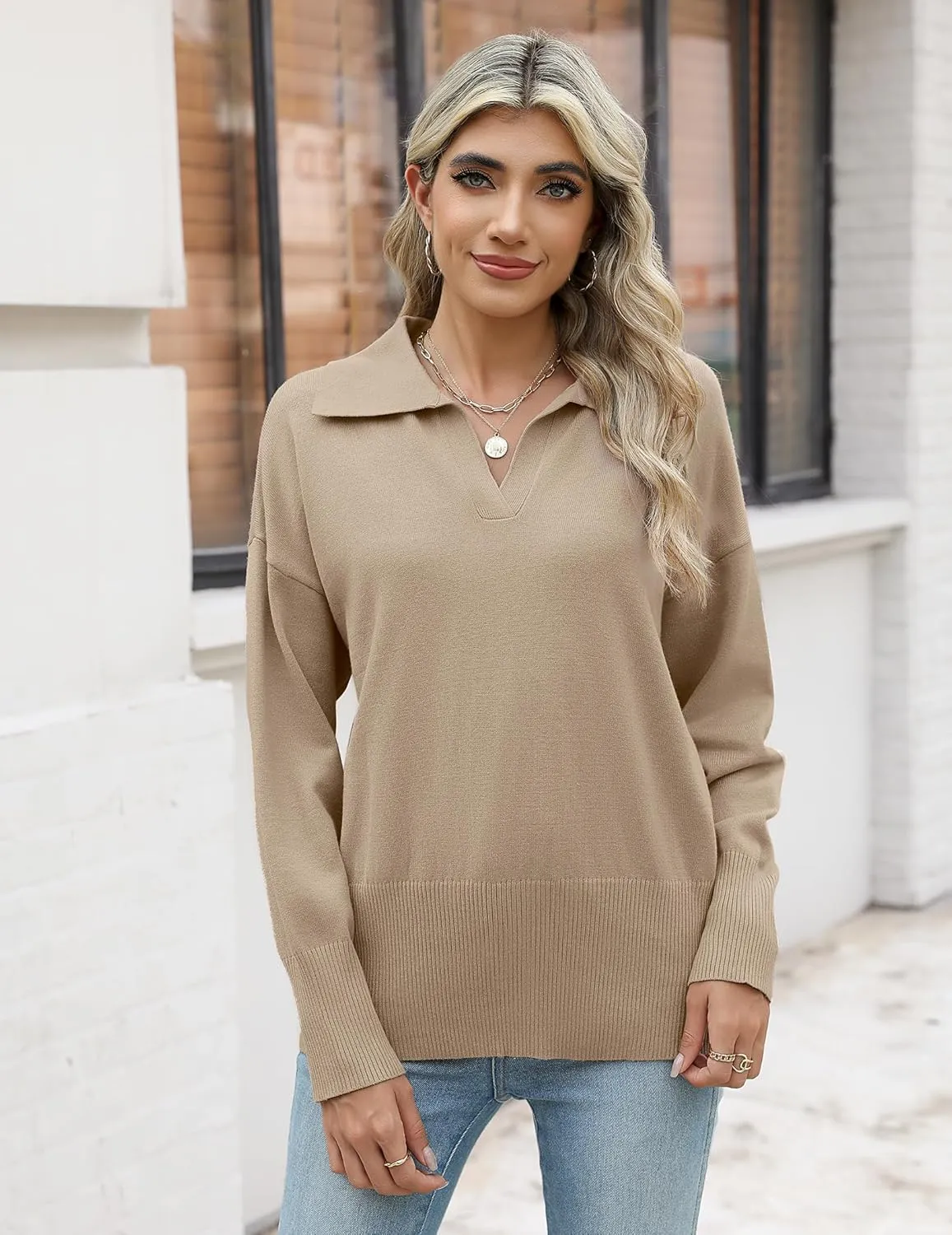 Zeagoo Women's 2024 V Neck Striped Sweater Long Sleeve Oversized Fashion Knitted Pullover Fall Sweaters Tops