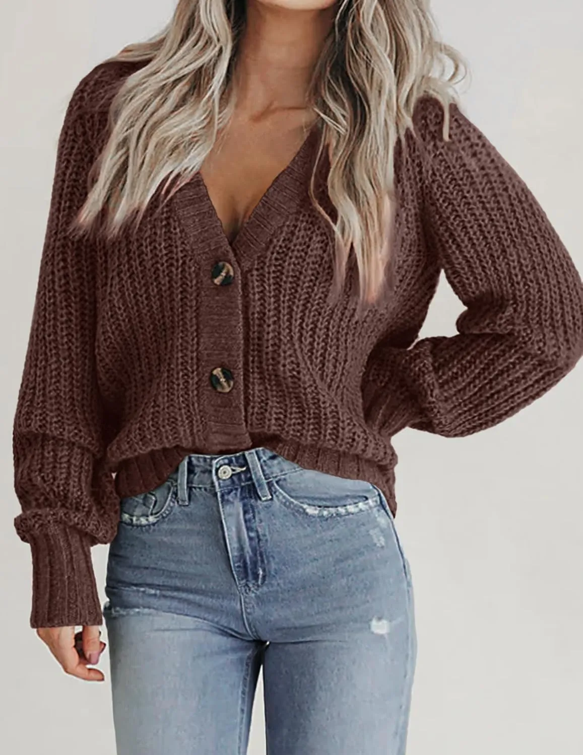 Zeagoo Women's 2025 Fall Chunky Knit Cardigans Open Front Long Sleeve V Neck Button Loose Cardigan Sweaters