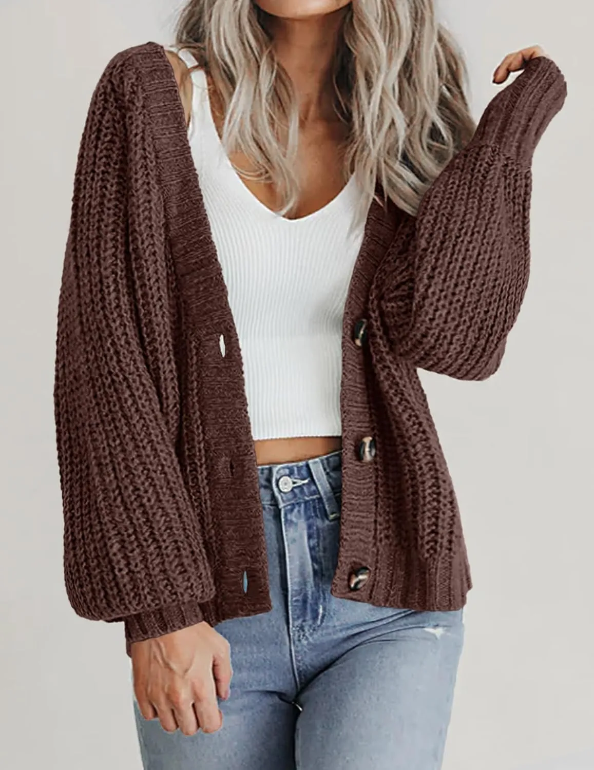 Zeagoo Women's 2025 Fall Chunky Knit Cardigans Open Front Long Sleeve V Neck Button Loose Cardigan Sweaters