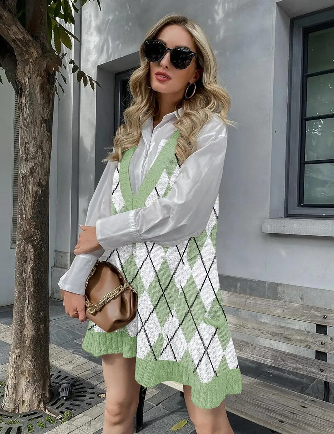 Zeagoo Womens Sweater Vest Dress Pattern Knitted Pullovers Sweaters V Neck Tank Sweater Dress with Pockets